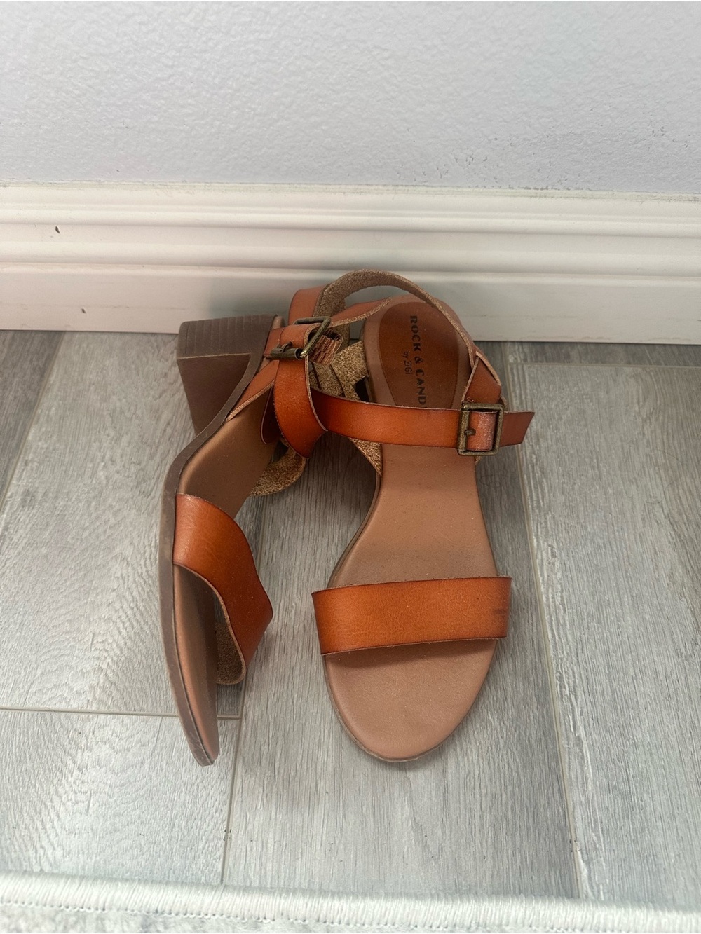 Rock & Candy Cognac Leather Block Heel Sandals